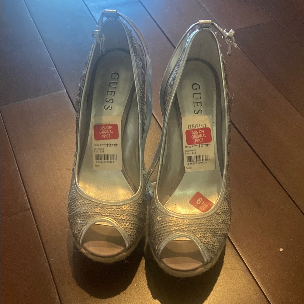 Guess Silver Textured Peep Toe Heels